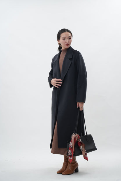 ウール100％ ダブルフェイスロングコート（チャコールグレー）