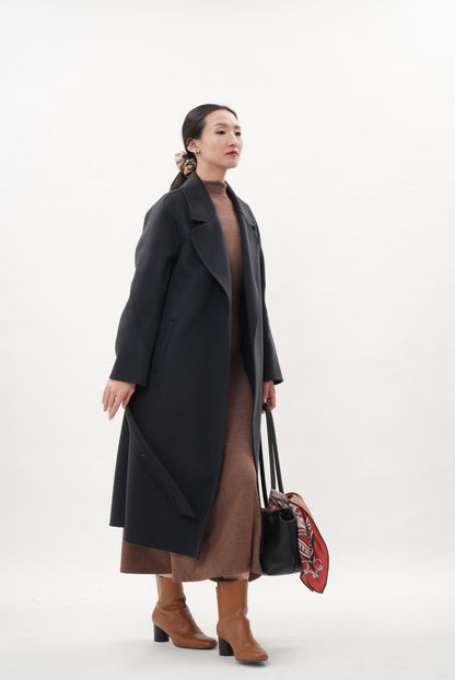 ウール100％ ダブルフェイスロングコート（チャコールグレー）