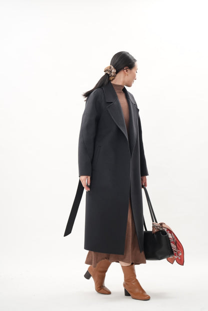 ウール100％ ダブルフェイスロングコート（チャコールグレー）