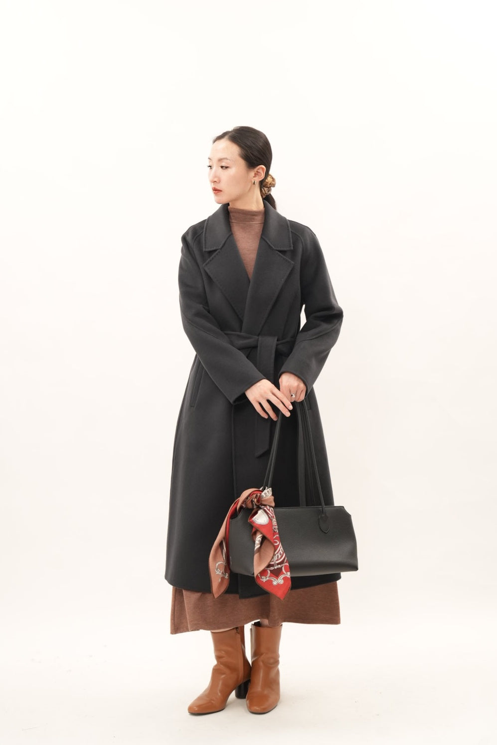 ウール100％ ダブルフェイスロングコート（チャコールグレー）