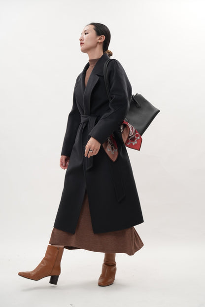 ウール100％ ダブルフェイスロングコート（チャコールグレー）