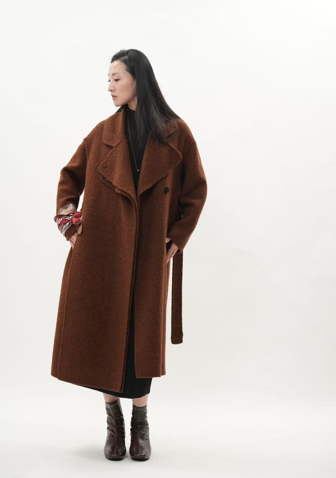 レディース 2WAY ロングコート｜キャメルヘアブレンド ストール付き