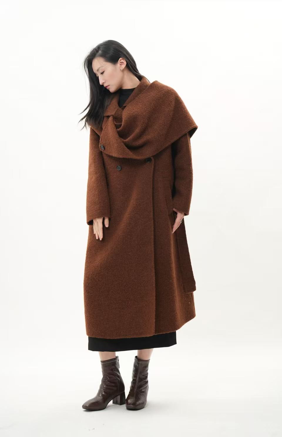 レディース 2WAY ロングコート｜キャメルヘアブレンド ストール付き